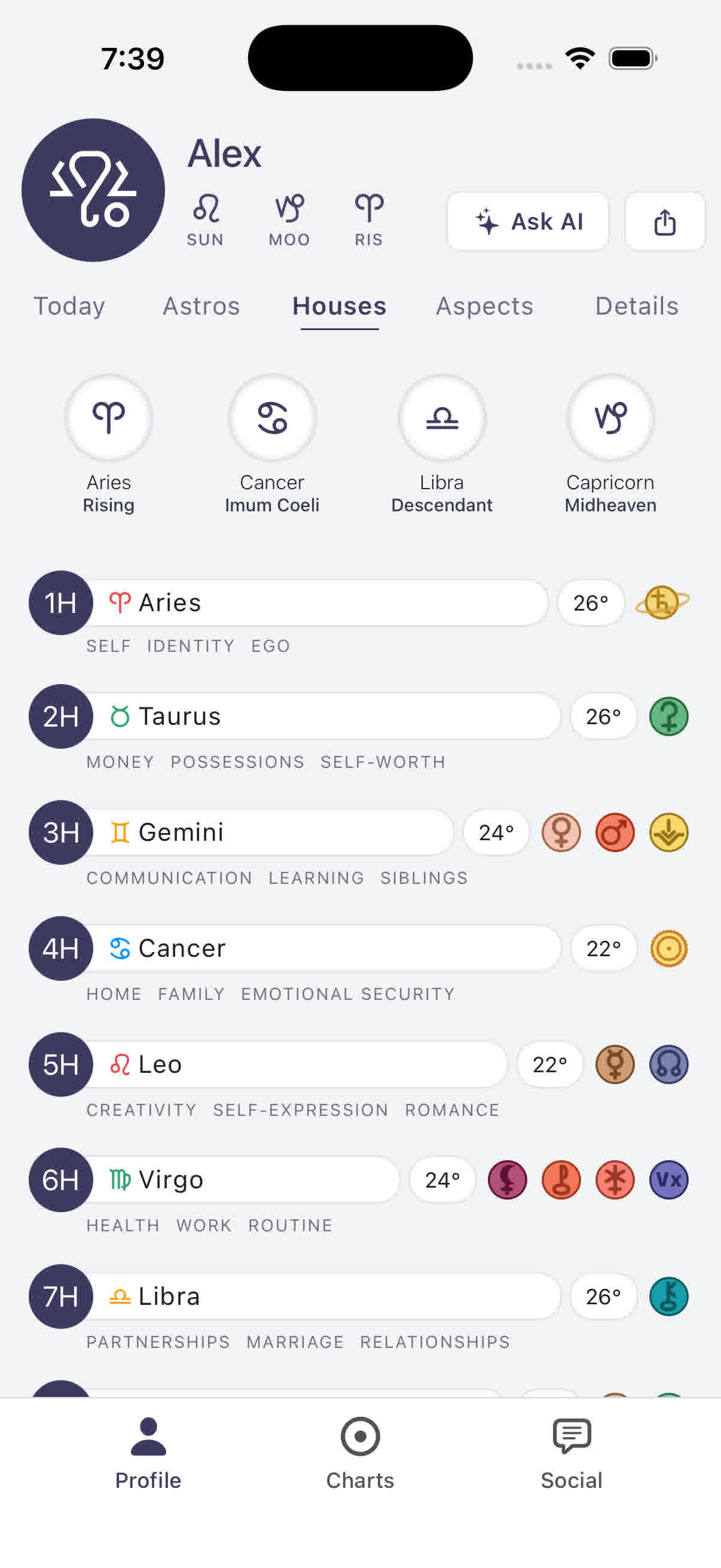 The Houses tab with the Ascendant and each house annotated