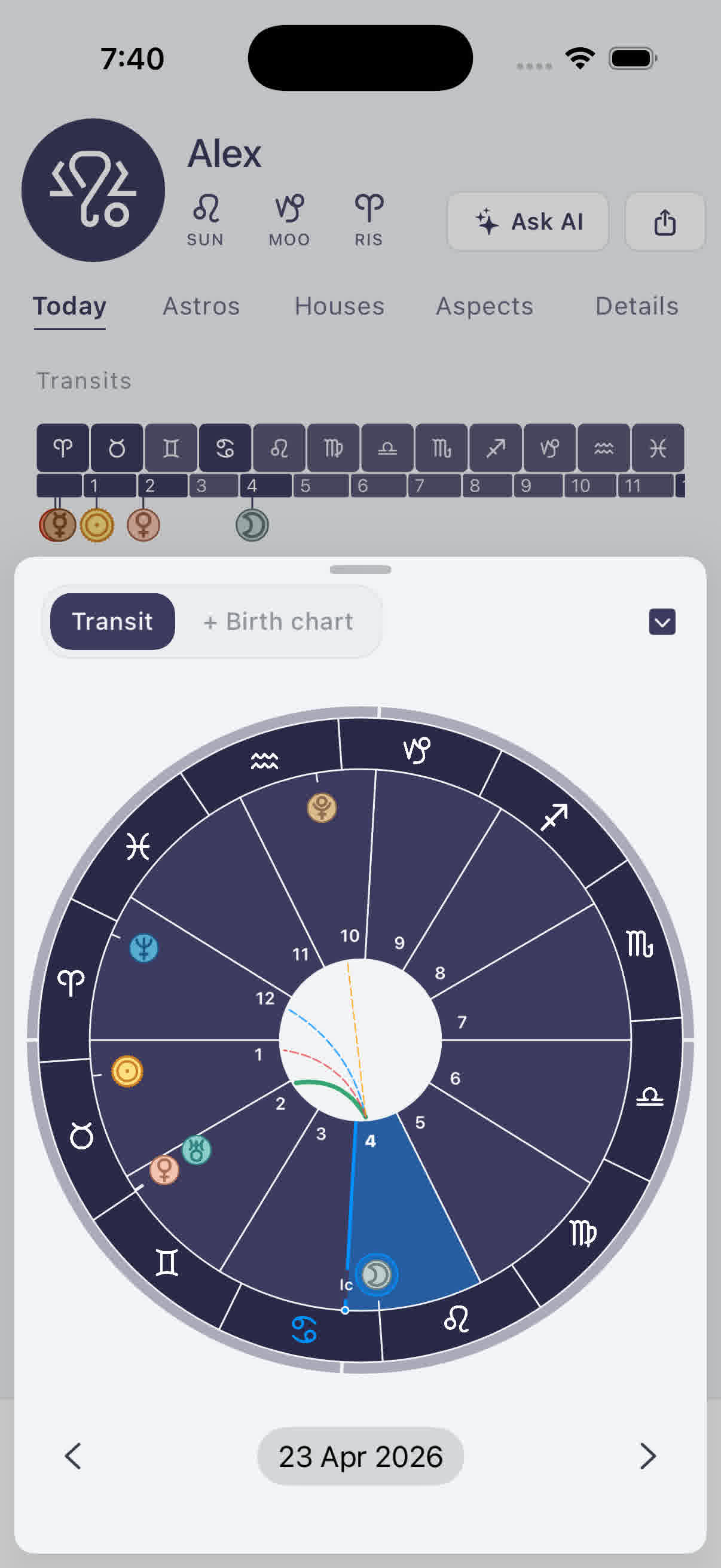 The Aspects tab visualising planetary relationships across the chart