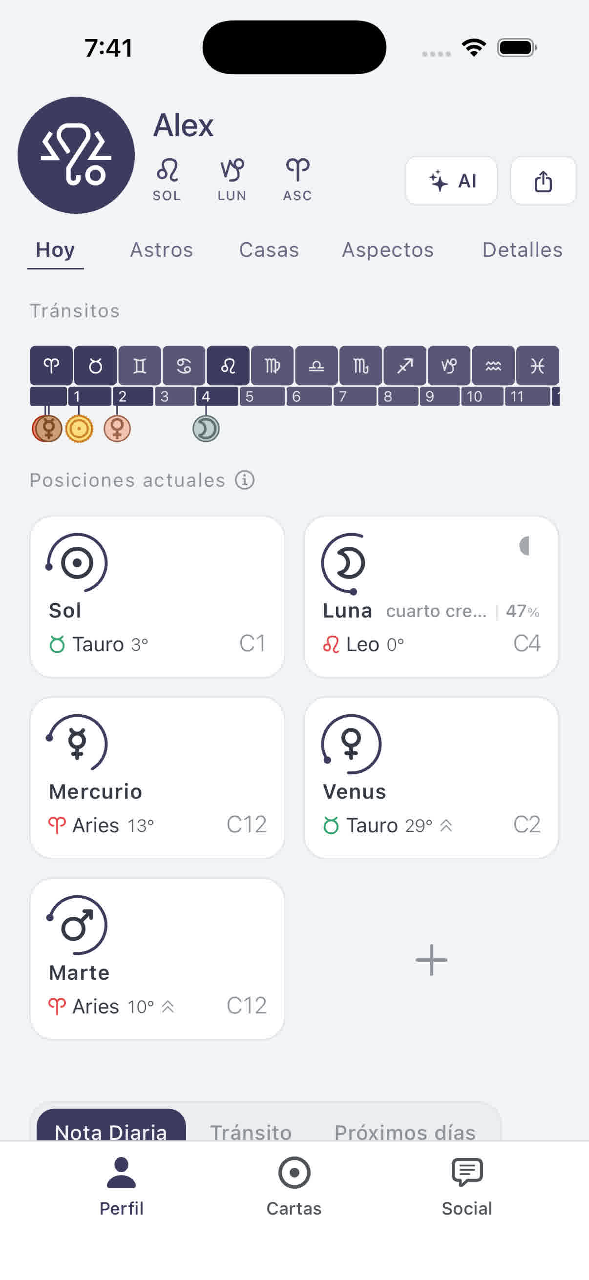 Pestaña Astros listando planetas con signo, grado y dignidades