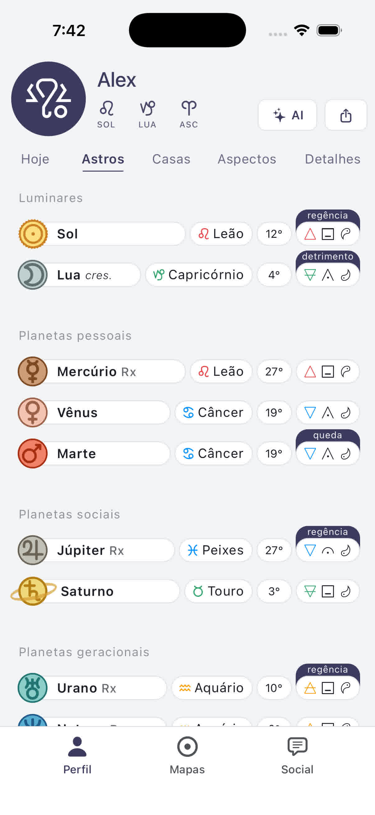 A aba Hoje mostrando trânsitos atuais e posições planetárias ao vivo