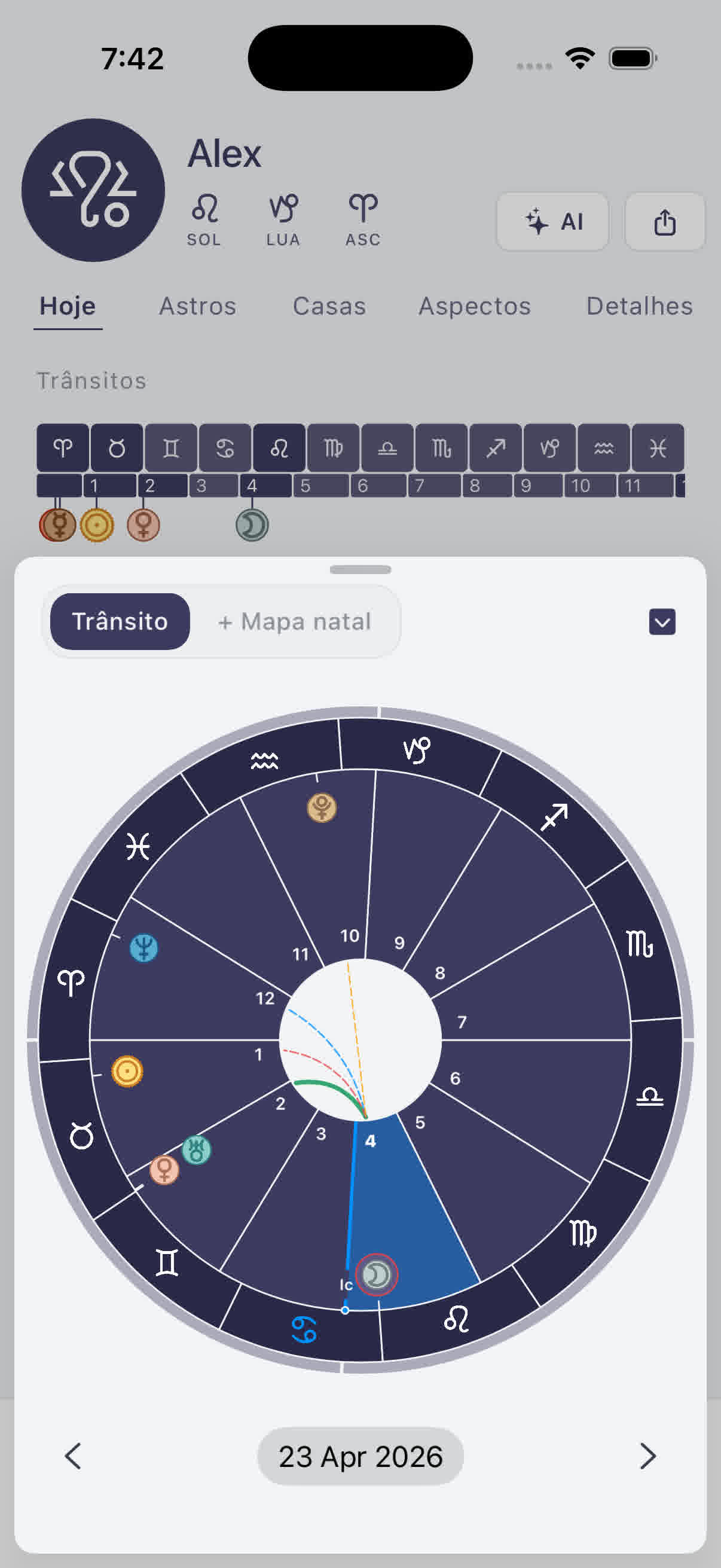 A aba Aspectos visualizando as relações entre os planetas
